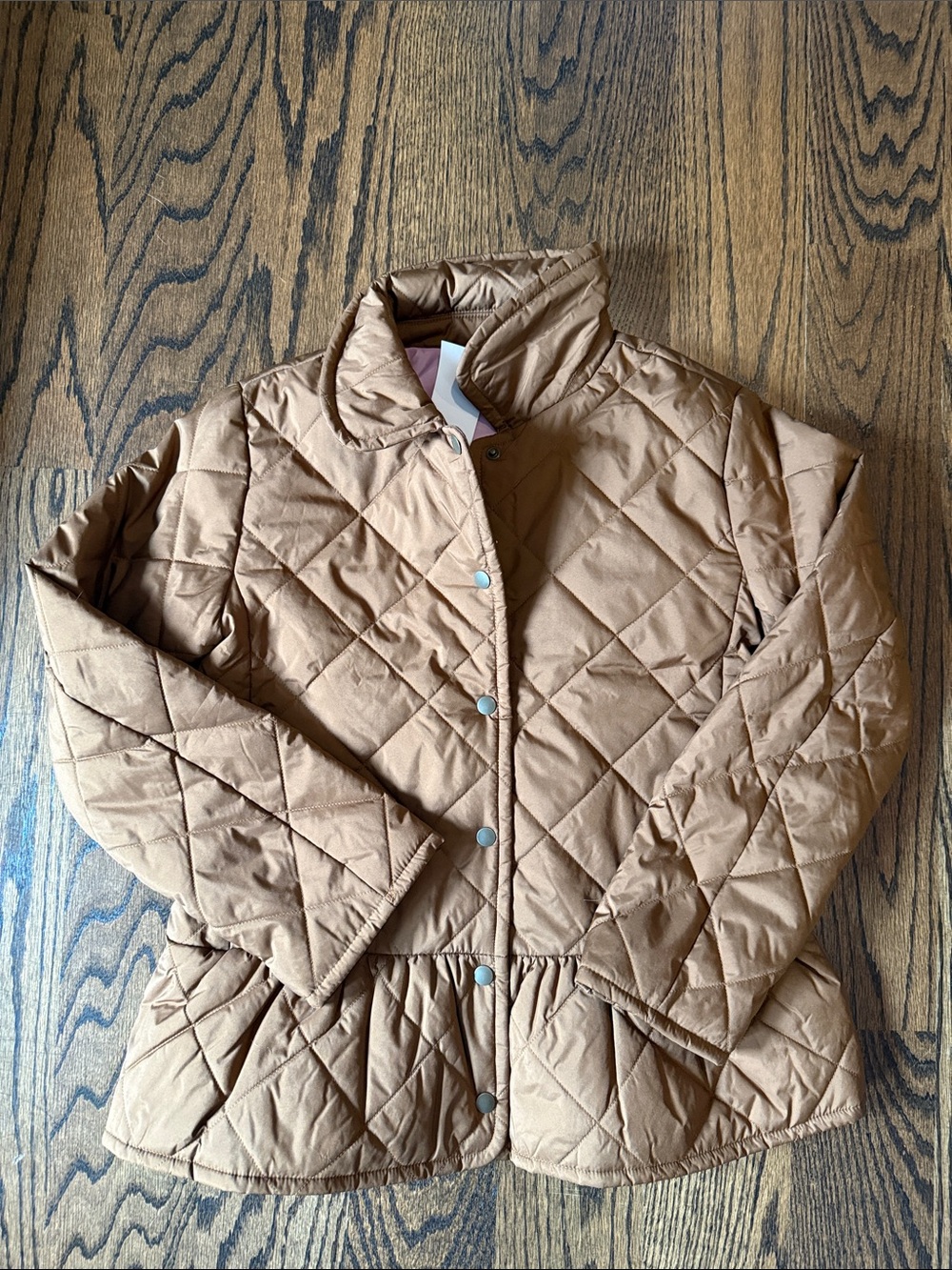 Girls Crewcuts Quilted Peplum Snap-Front Jacket - Camel with pink lining